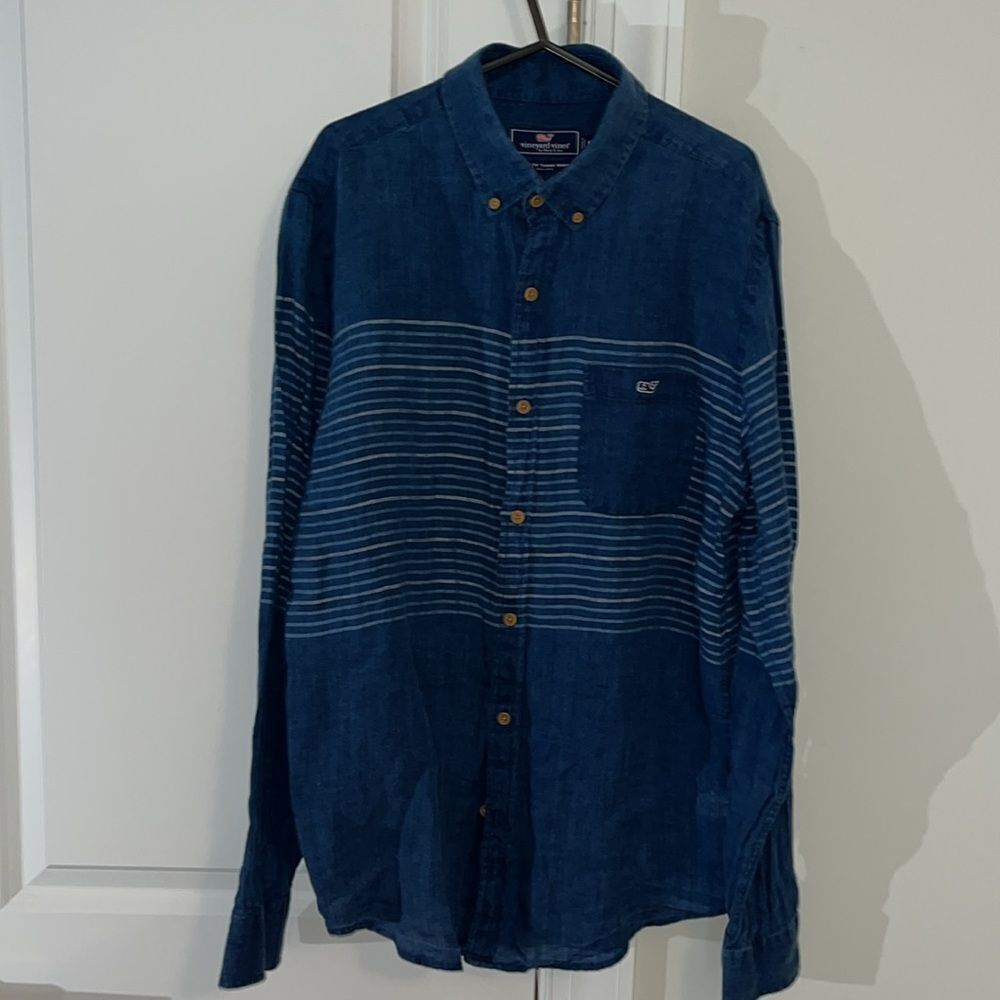 100% Linen Blue Stripe Vineyard Vines Whale Pocket LS casual Summer shirt M Slim
